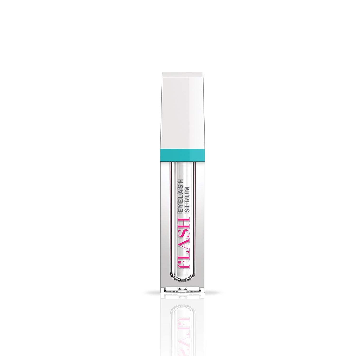 Clear eyelash serum tube with turquoise accent, labeled for lash growth, on white background