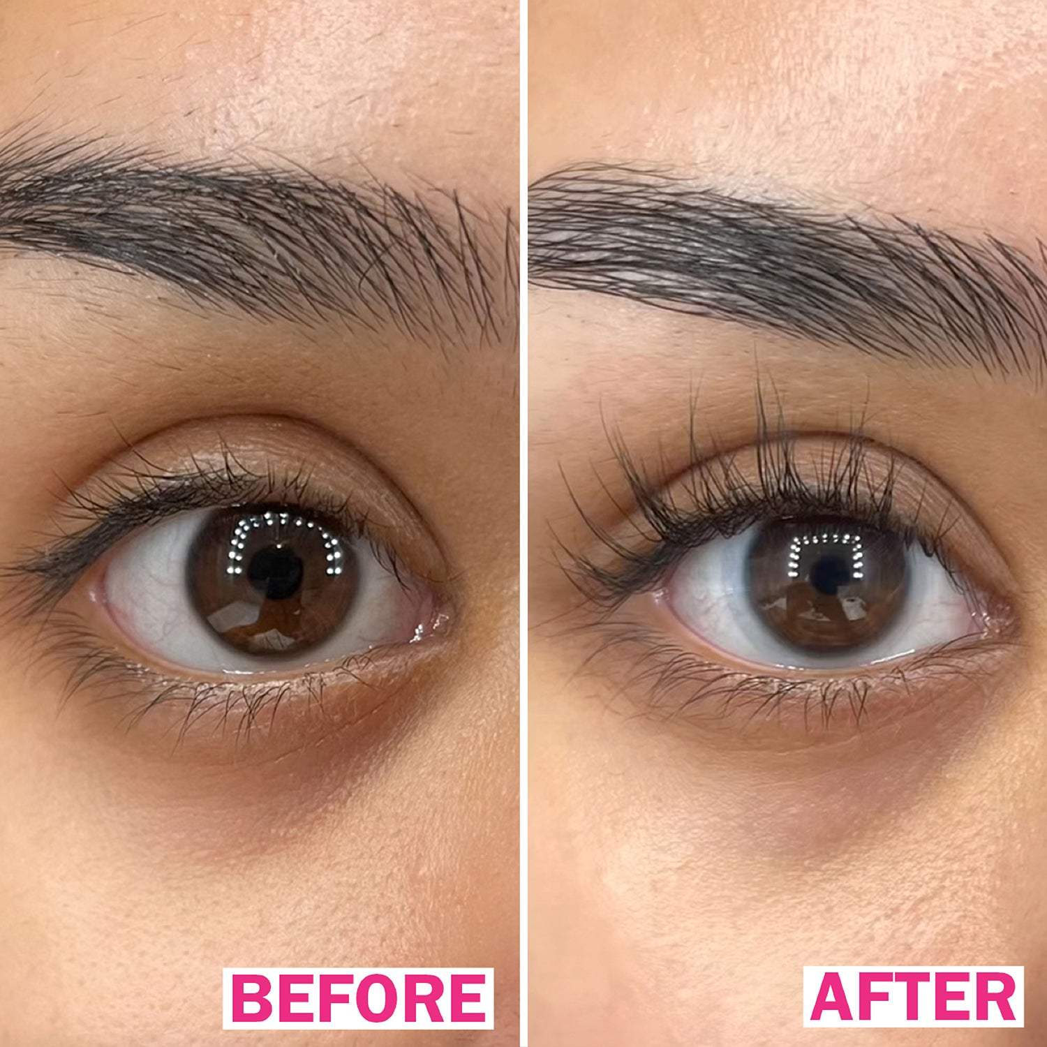 Before and after close-up of an eye showing longer, fuller eyelashes after serum use