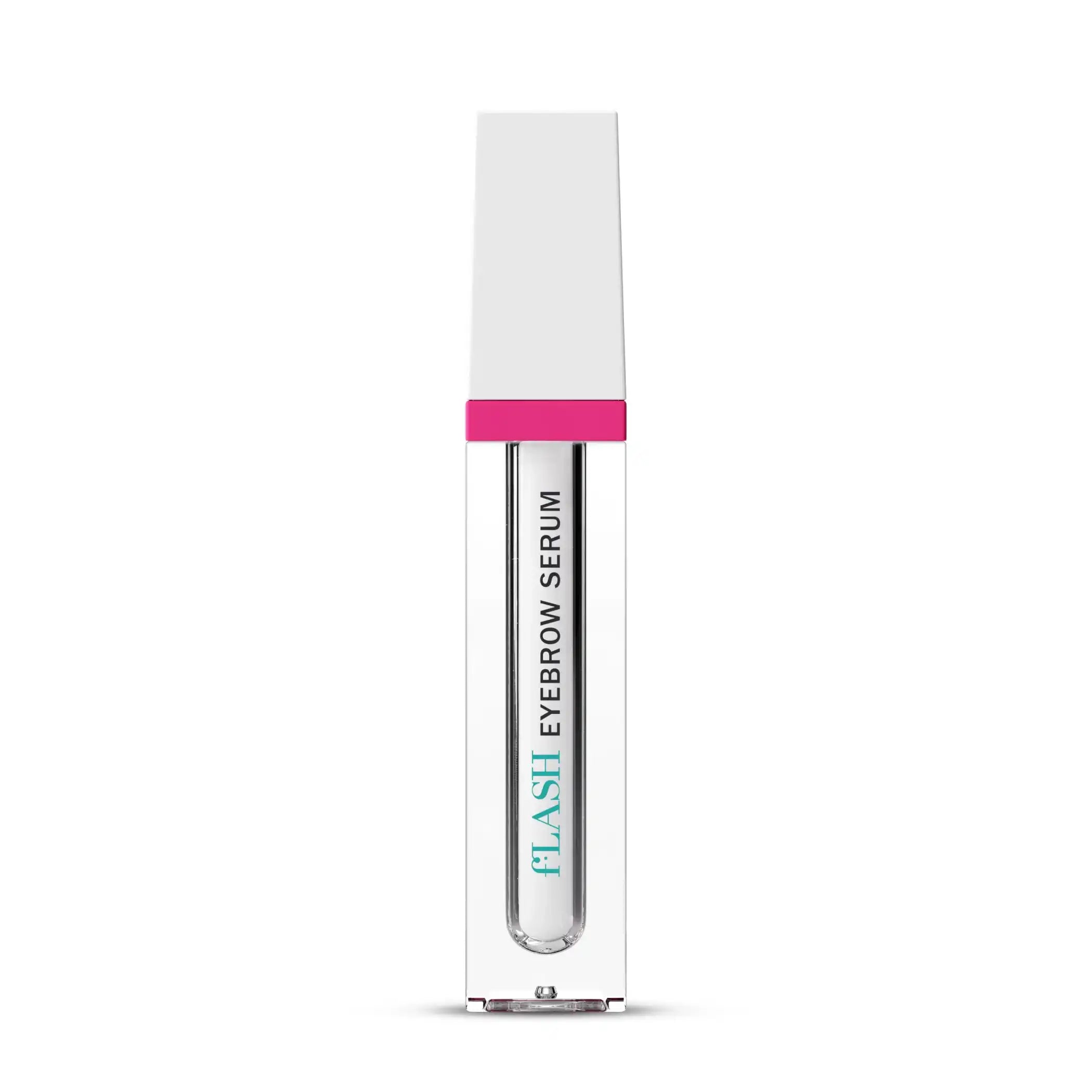 fLASH Eyebrow Serum bottle with white cap and pink trim on white background