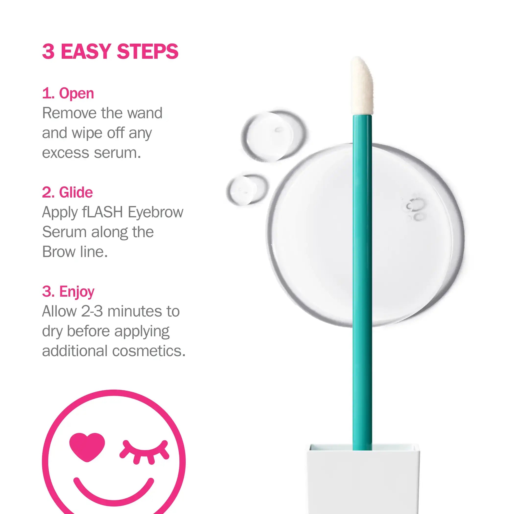 fLASH Eyebrow Serum applicator with clear serum drops and 3-step usage instructions