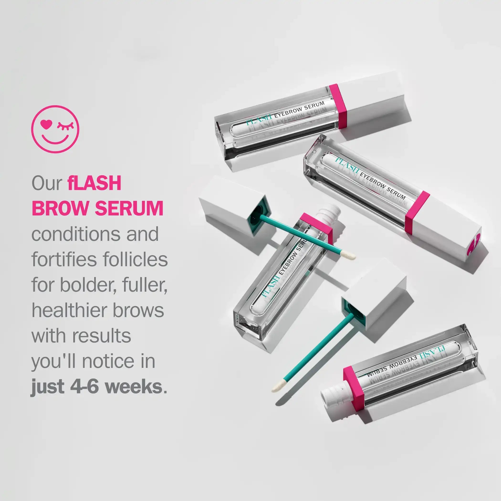 fLASH Eyebrow Serum product tubes with applicators on white background, fLASH Cosmetics branding