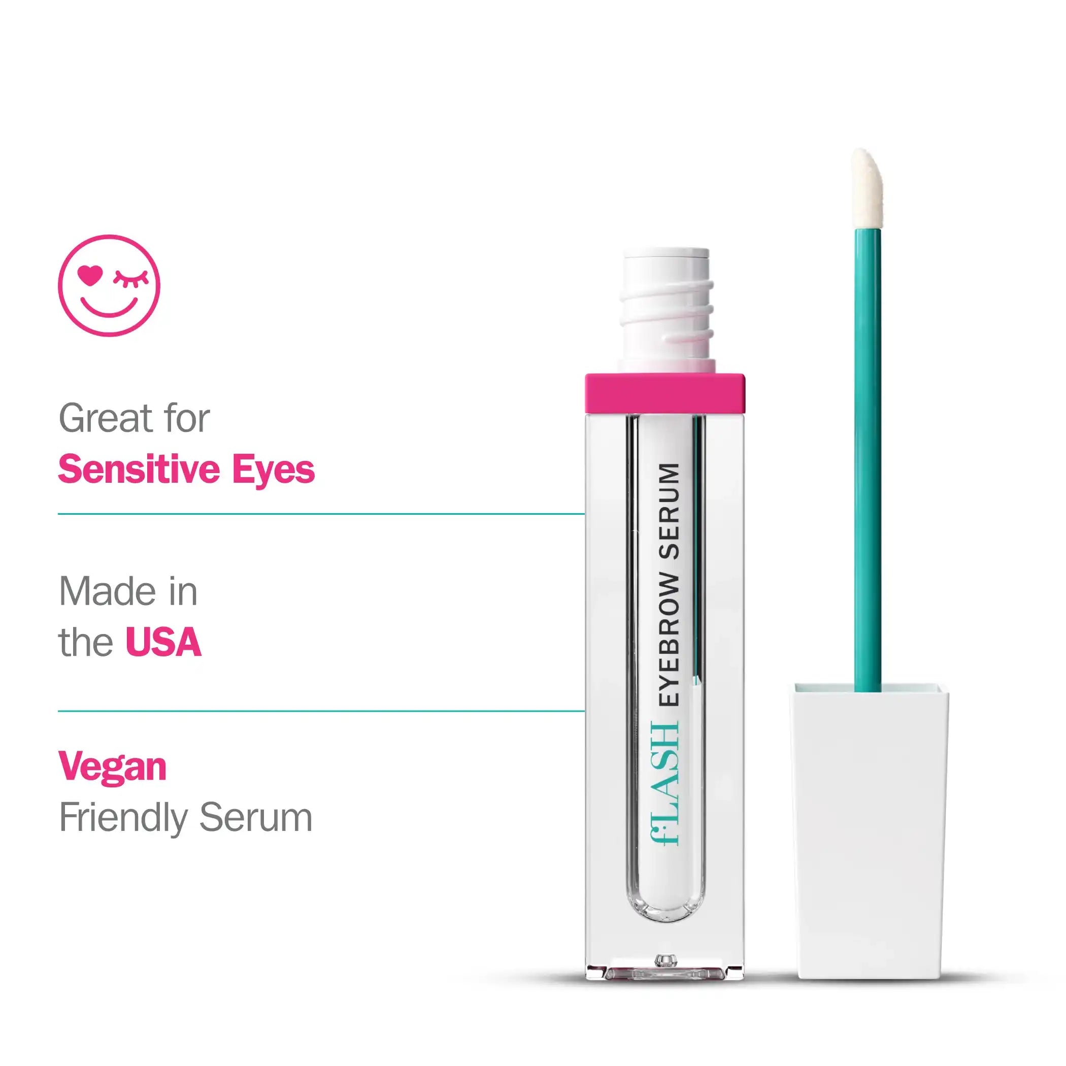 fLASH Eyebrow Serum with pink cap, applicator, and vegan, sensitive eye friendly features.
