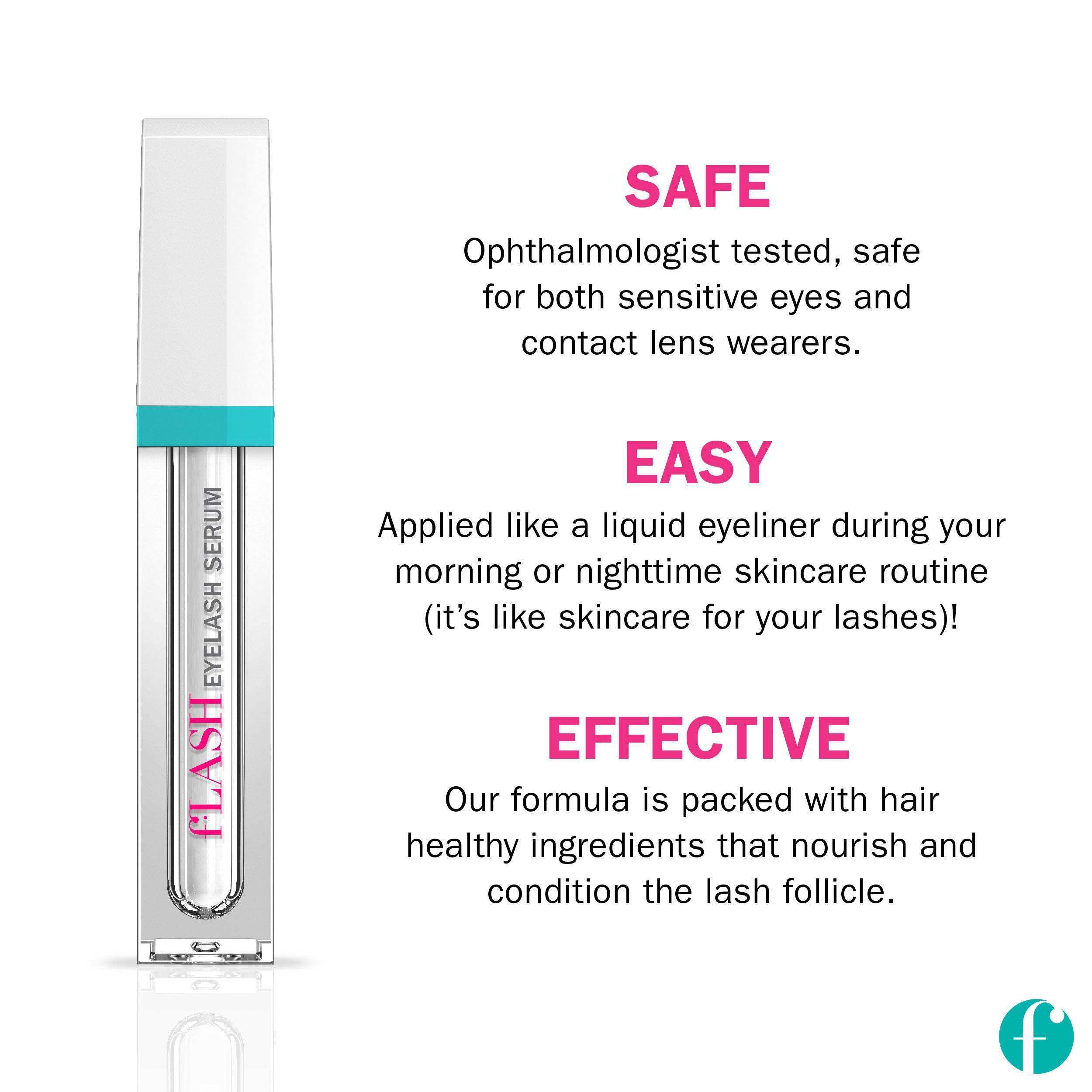 fLASH Eyelash Serum bottle with benefits: safe for sensitive eyes, easy to apply, and effective formula.