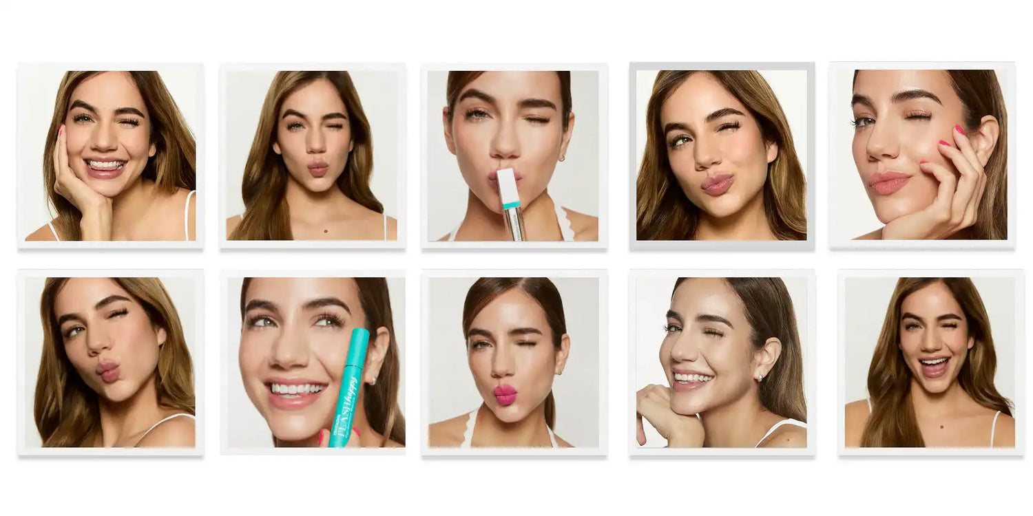 Collage of smiling woman with long brown hair winking and holding beauty products in studio