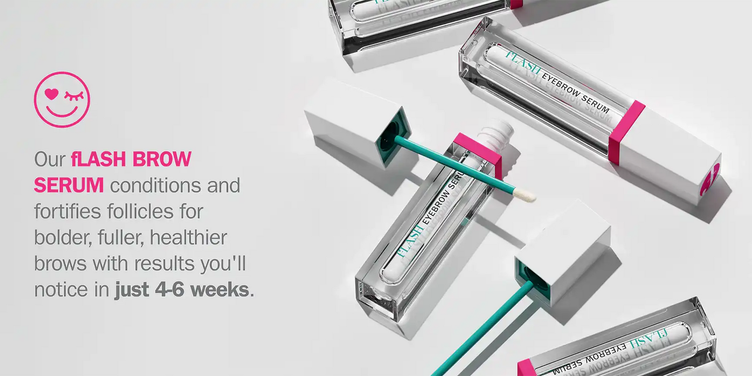 Flash eyebrow serum tubes with applicators and text about bold, fuller brows in 4-6 weeks