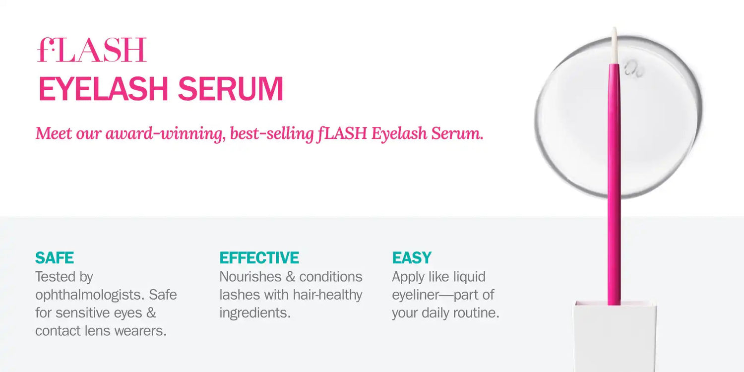 FLASH Eyelash Serum with applicator brush on white background, safe and effective lash treatment