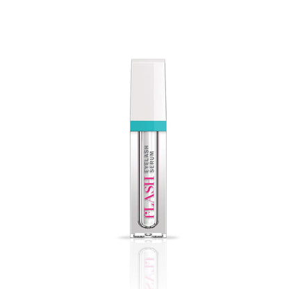 Clear eyelash serum tube with turquoise accent, labeled for lash growth, on white background