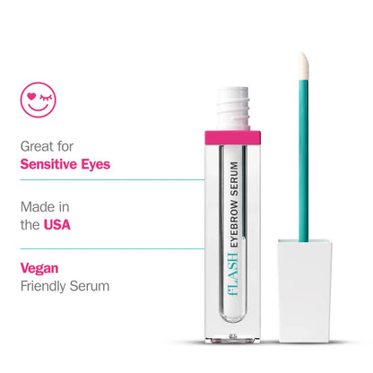 fLASH Eyebrow Serum with pink cap, applicator, and vegan, sensitive eye friendly features.