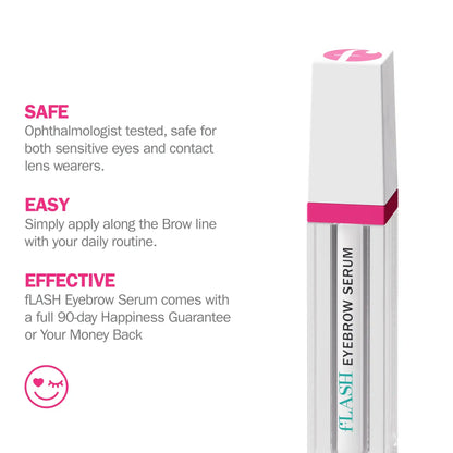 fLASH Eyebrow Serum tube with product benefits, safe for sensitive eyes, easy to apply, effective results.
