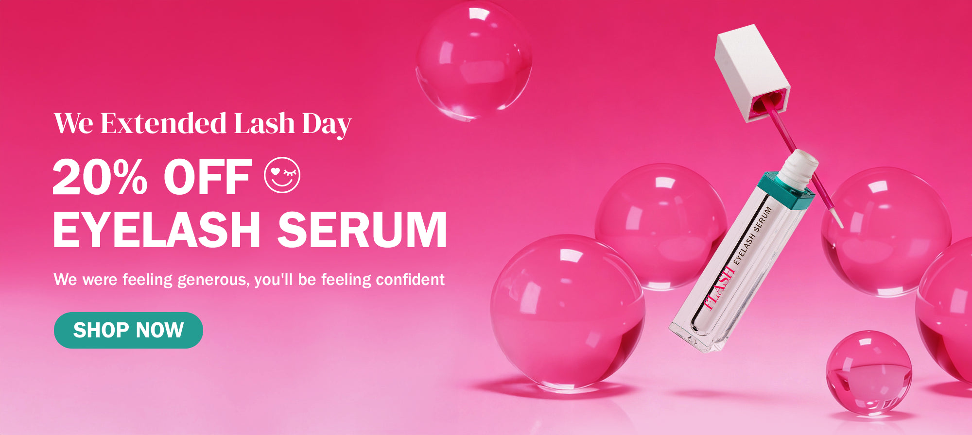 Eyelash serum product with pink bubbles and 20% off promotion on a vibrant pink background