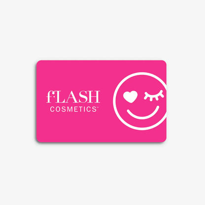 fLASH Cosmetics pink gift card with white smiling winking face and brand logo