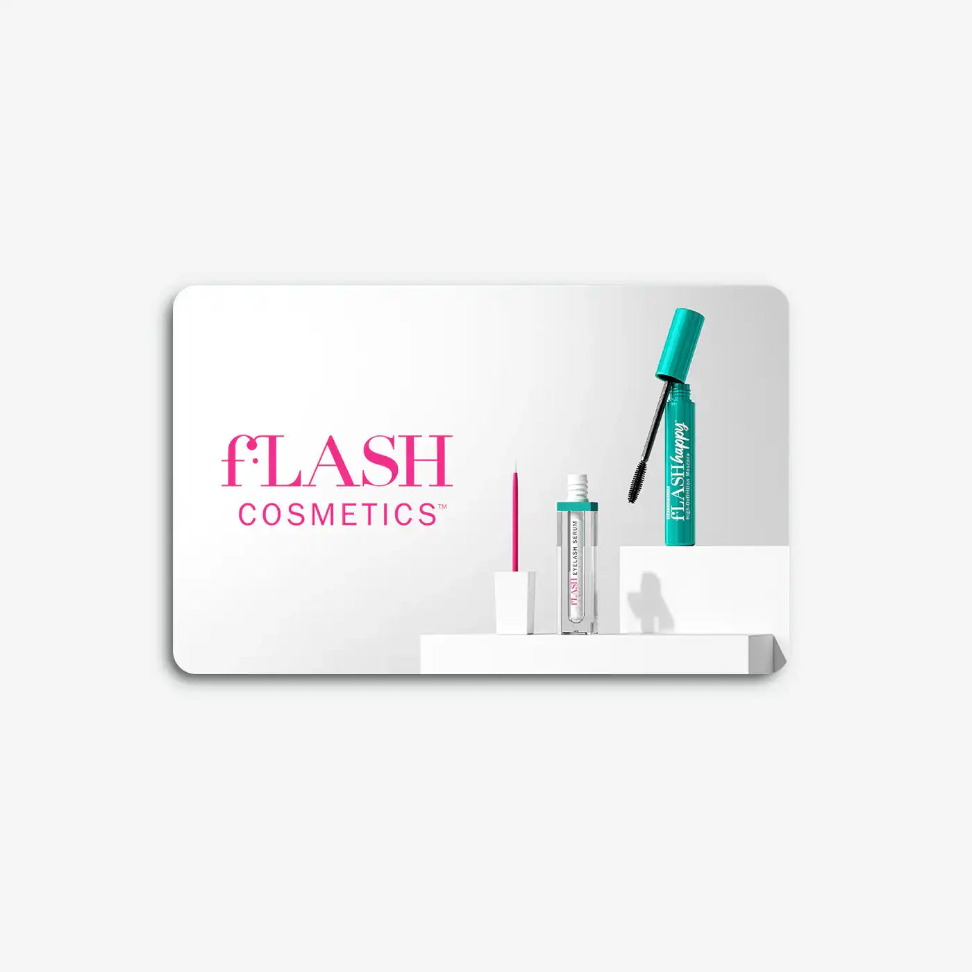 fLASH Cosmetics gift card with eyelash serum and mascara display on white background