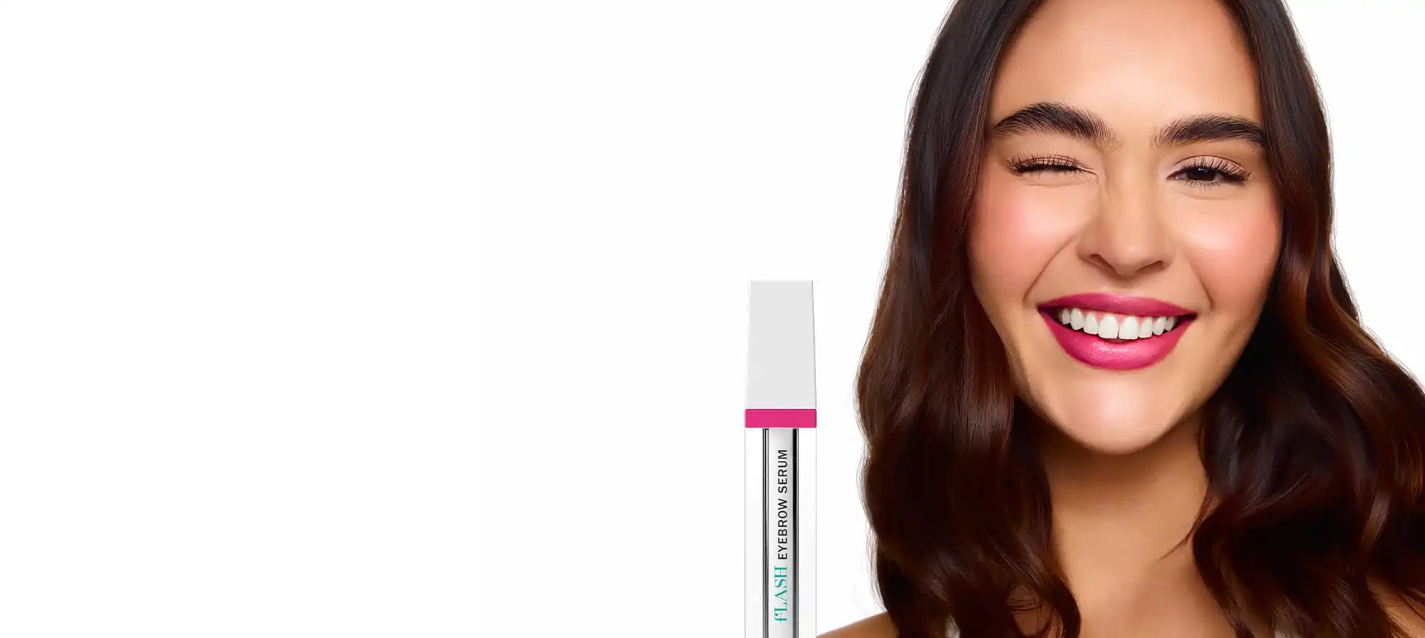Smiling woman with bold brows beside fLASH Eyebrow Serum, fLASH Cosmetics banner