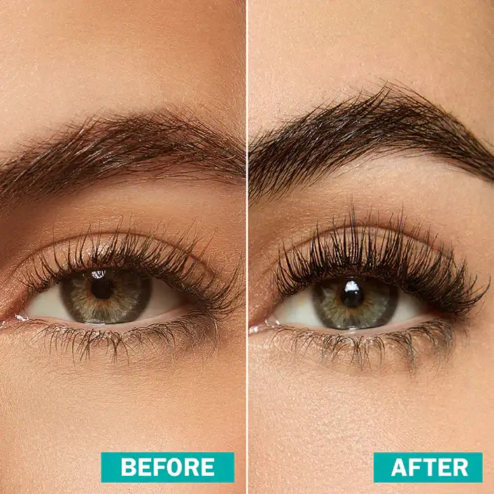 fLASH Cosmetics before and after results showing longer, fuller eyelashes on a woman&