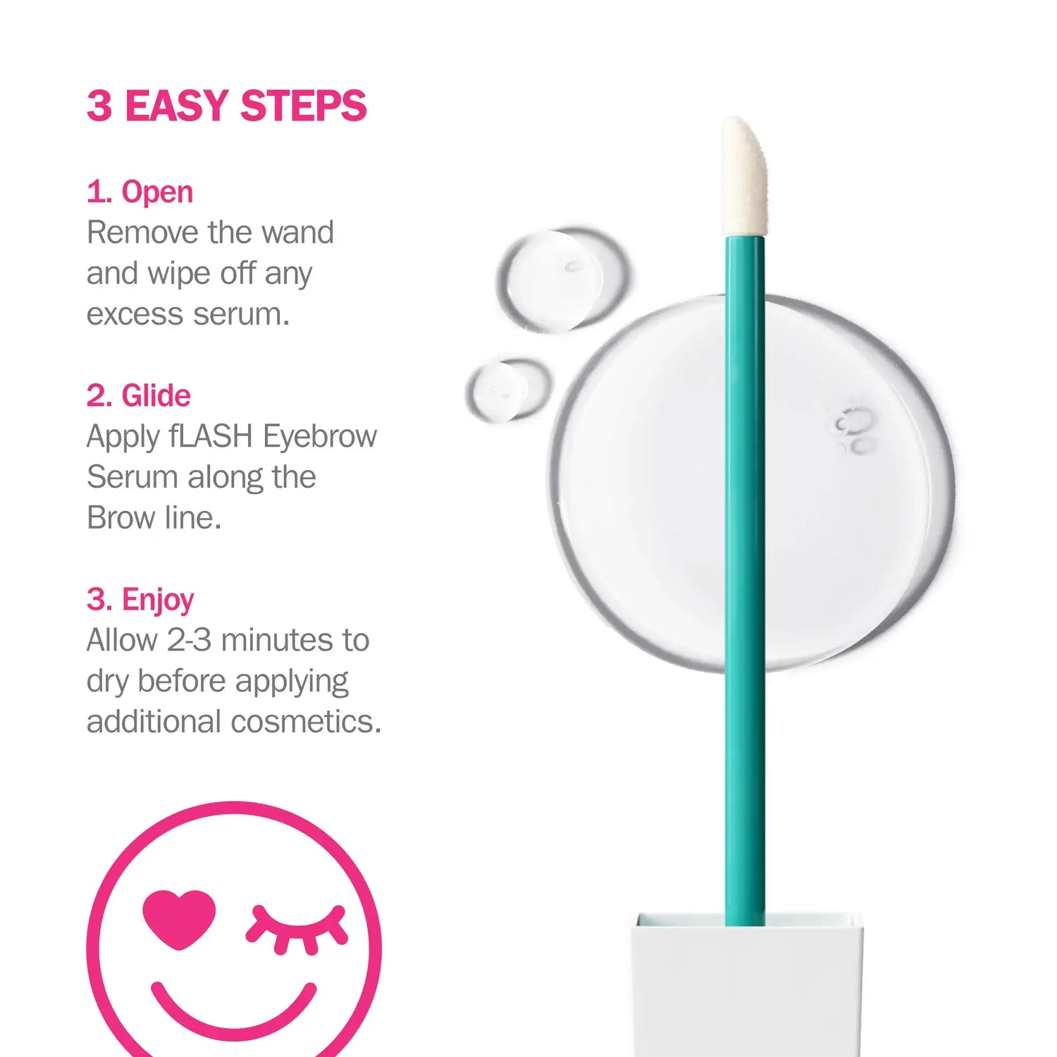 fLASH Eyebrow Serum applicator with clear serum drops and 3-step usage instructions