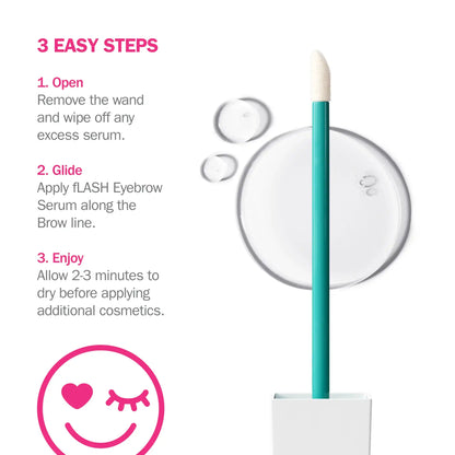 fLASH Eyebrow Serum applicator with clear serum drops and 3-step usage instructions