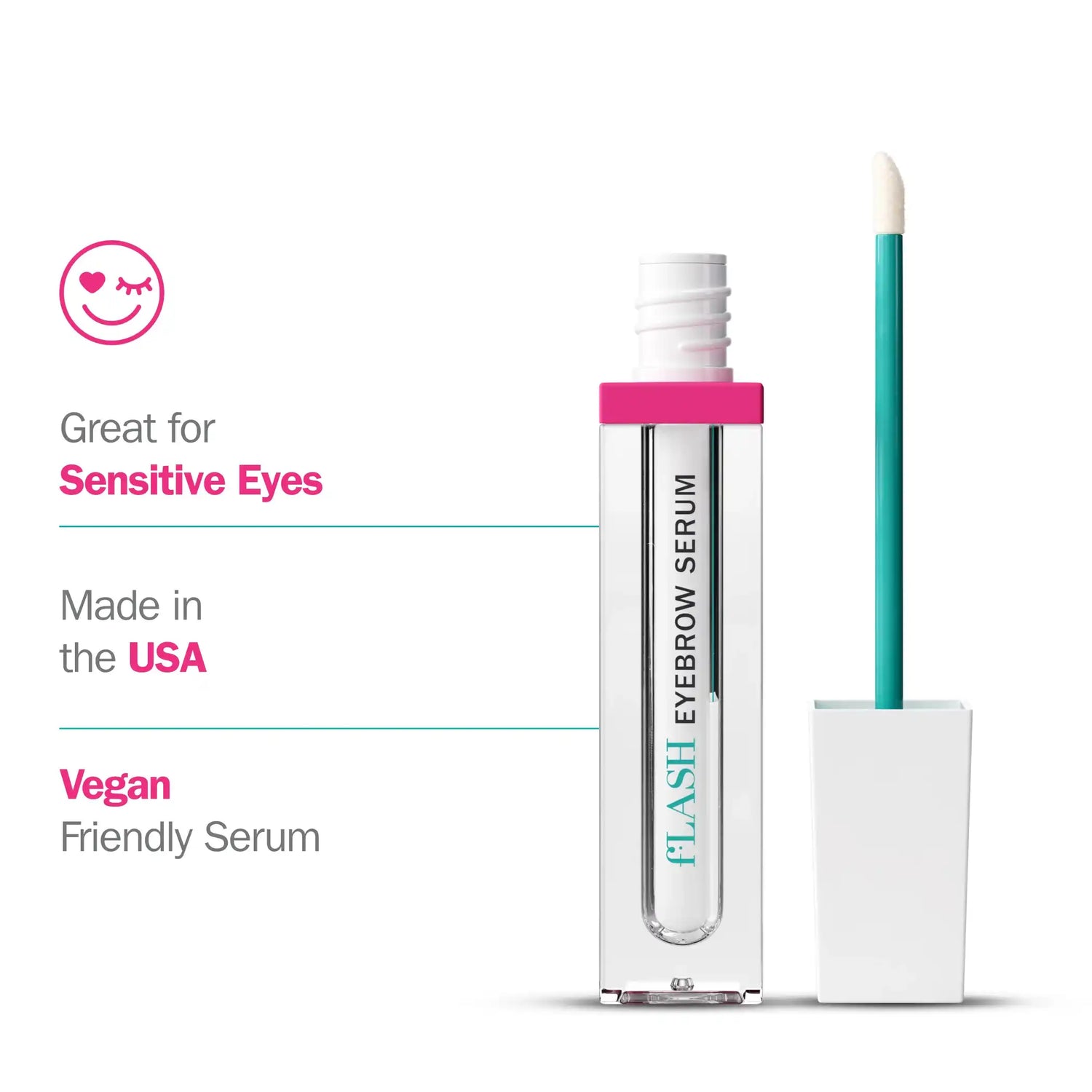 fLASH Eyebrow Serum with pink cap, applicator, and vegan, sensitive eye friendly features.