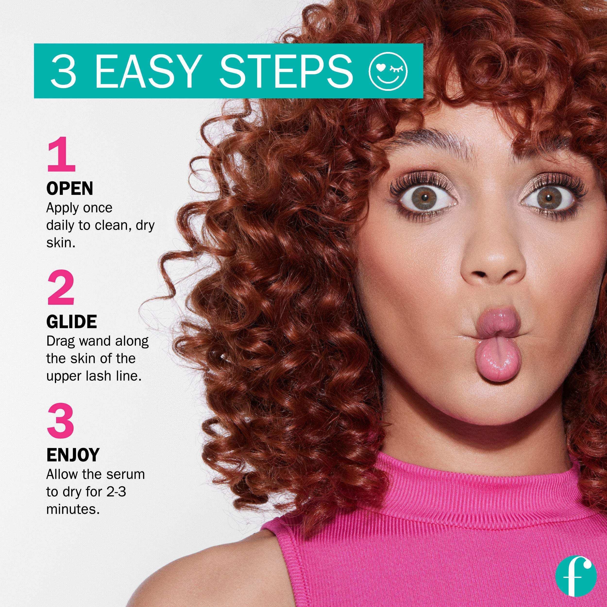 Woman with curly hair demonstrating 3 easy steps to apply fLASH eyelash serum for longer lashes.