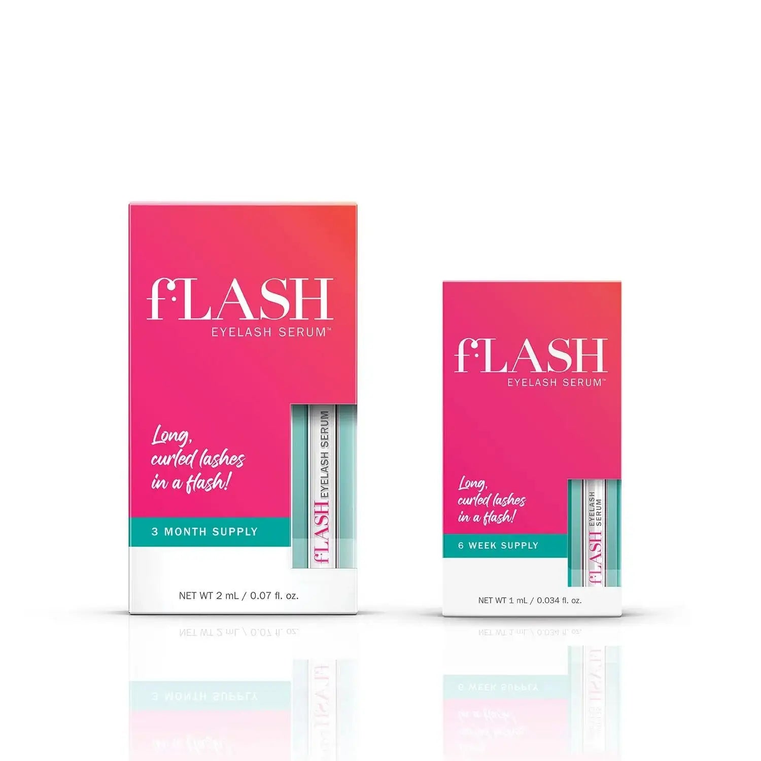 Two fLASH eyelash serum boxes, 3-month and 6-week supply, on white background