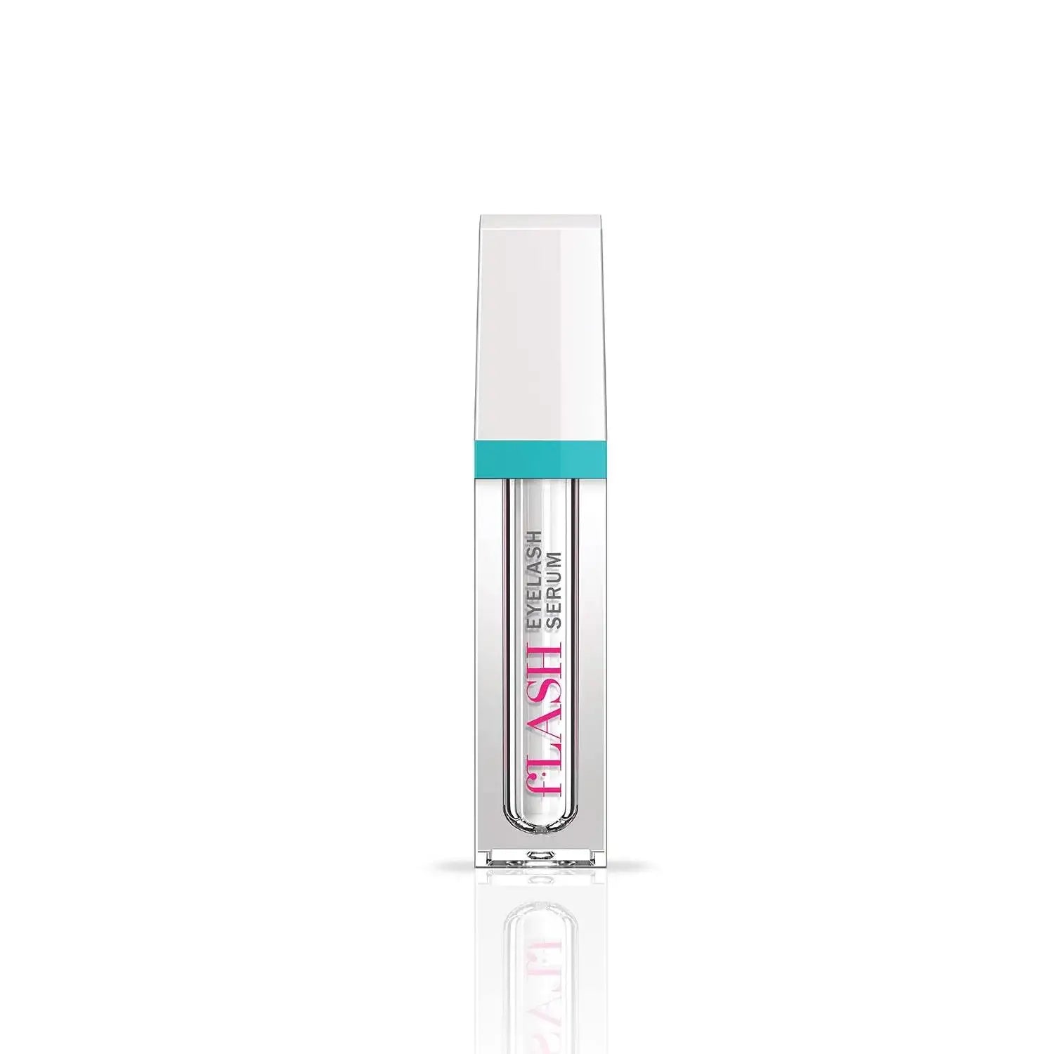 Clear eyelash serum tube with turquoise accent, labeled for lash growth, on white background