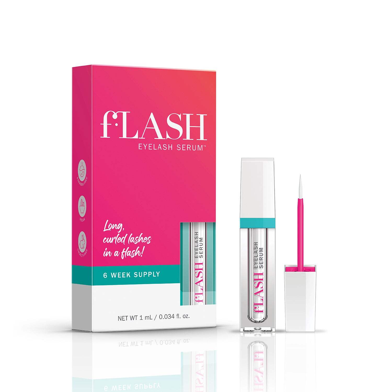 Eyelash serum package with applicator, pink box, and text promising longer lashes.