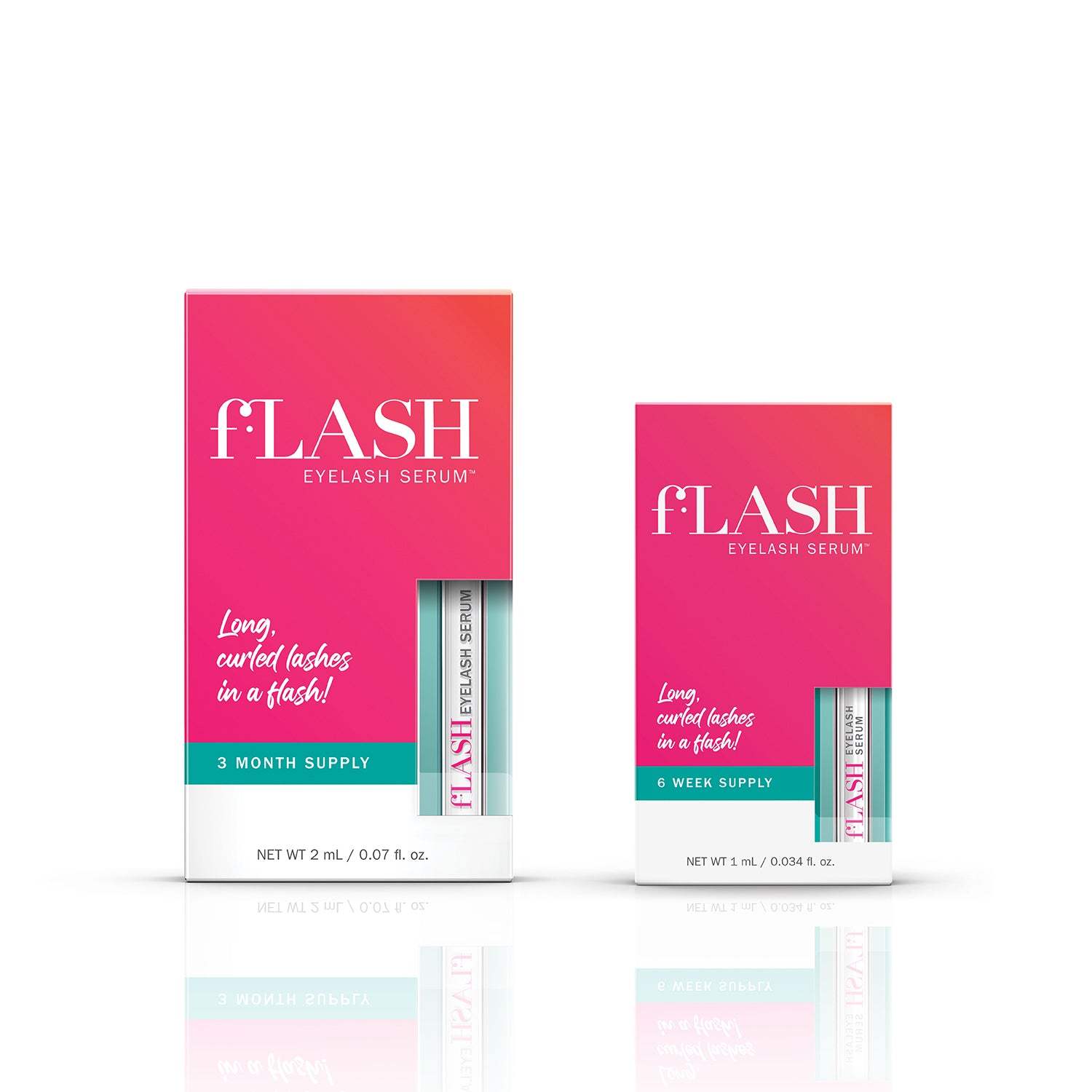 Two fLASH eyelash serum boxes, 3 month and 6 week supplies, with product partially visible.