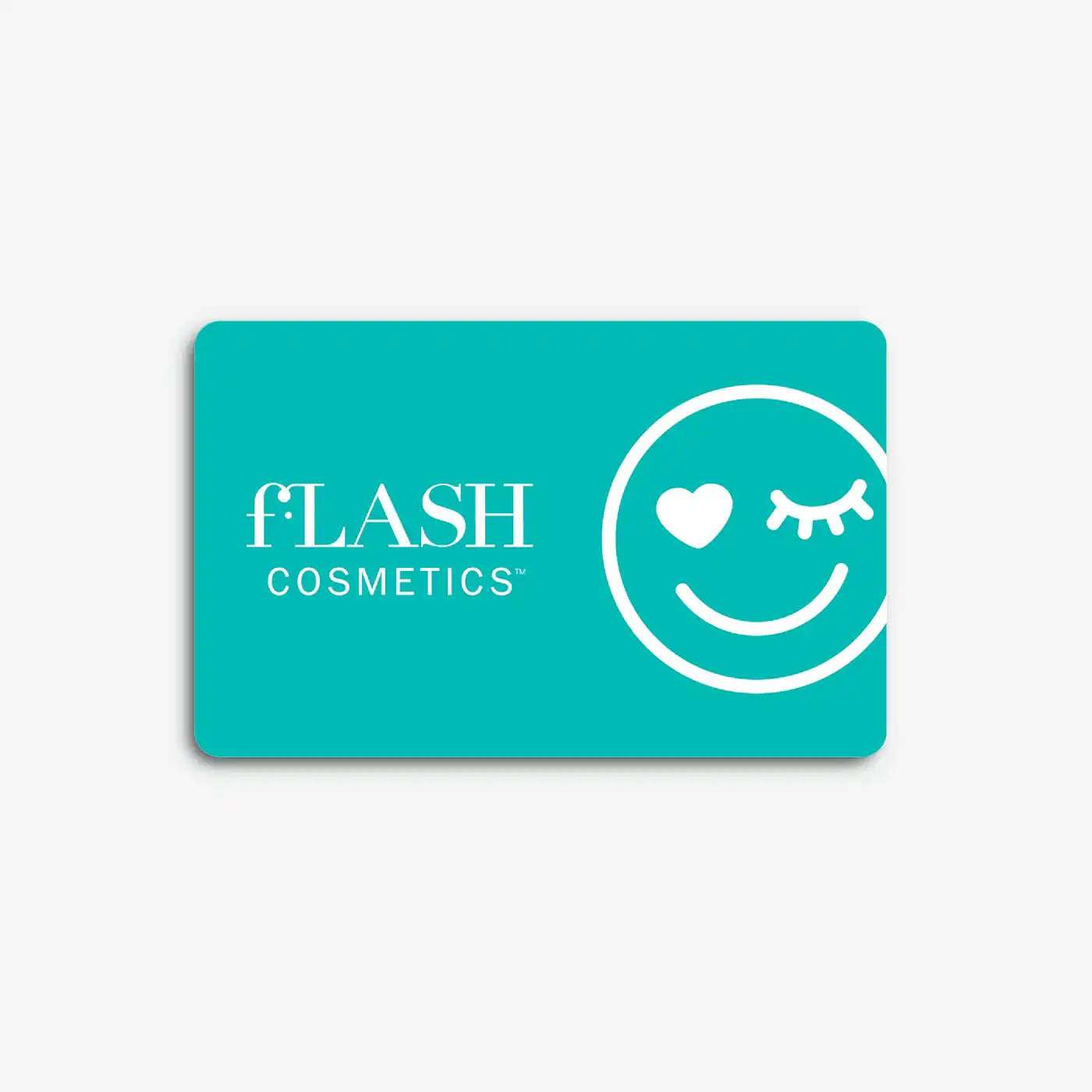 fLASH Cosmetics gift card with teal background, logo and winking smiley face illustration