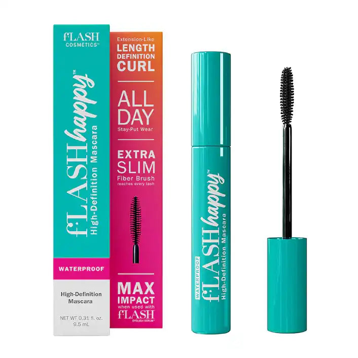 fLASH happy High-Definition Mascara waterproof turquoise tube and box with brush, fLASH Cosmetics