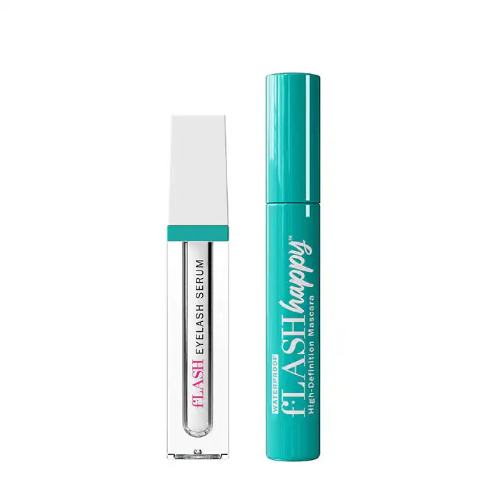 fLASH Cosmetics eyelash serum and waterproof mascara duo on white background