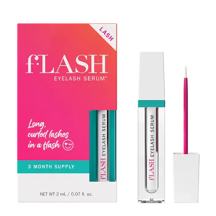 fLASH Cosmetics eyelash serum product packaging, serum tube, and applicator brush