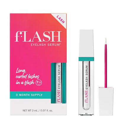fLASH Cosmetics eyelash serum product packaging, serum tube, and applicator brush