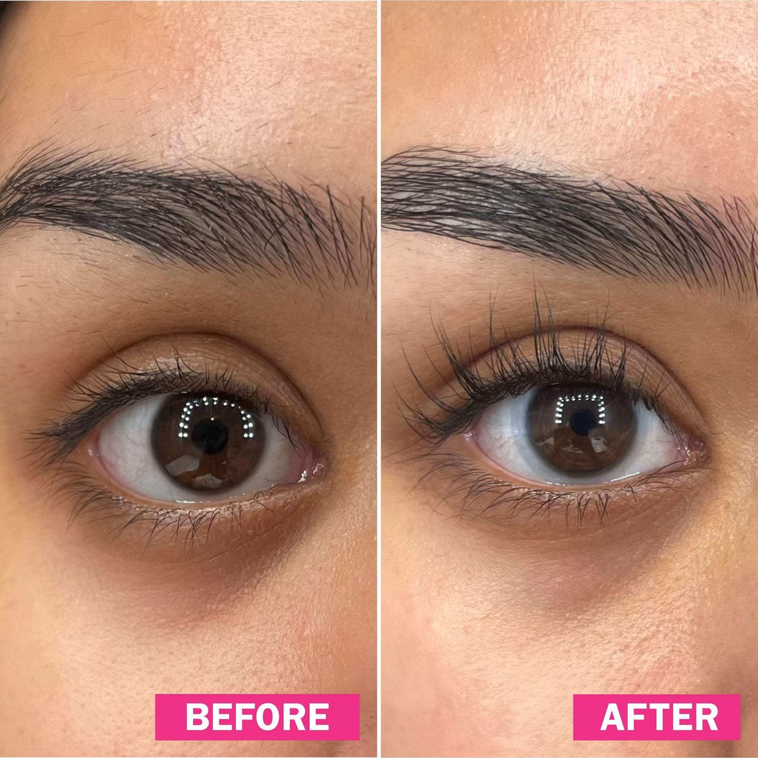 Before and after close-up of eye showing longer, fuller lashes using fLASH eyelash serum.