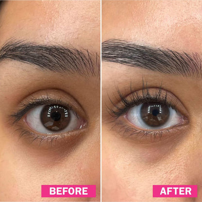 Before and after close-up of eye showing longer, fuller lashes using fLASH eyelash serum.