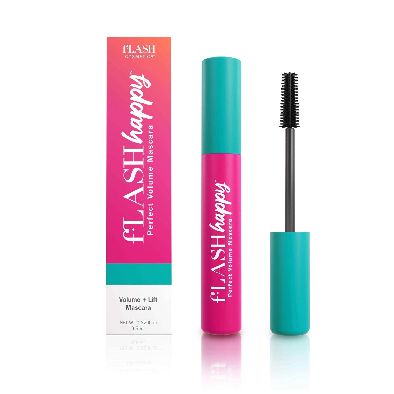 fLASH Cosmetics Happy Volume + Lift Mascara with pink and teal packaging on white background