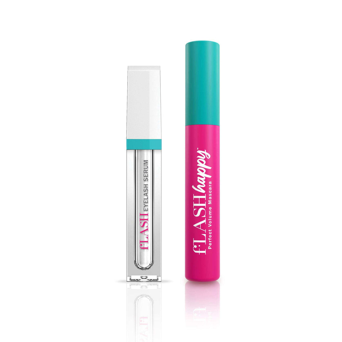 fLASH Cosmetics eyelash serum and volume mascara duo, pink and teal packaging on white background